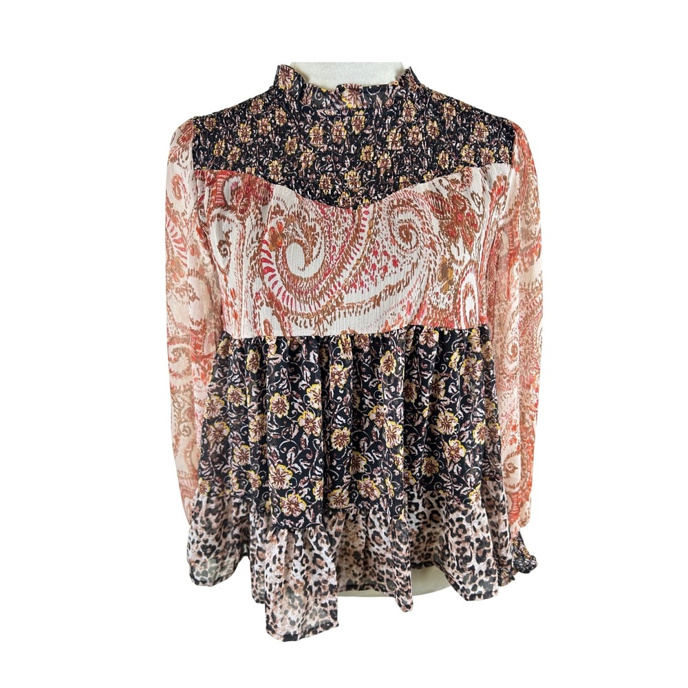 Greige Multicolor Boho‎ Mixed Print Paisley Smocked Boho Blouse Women’s Small